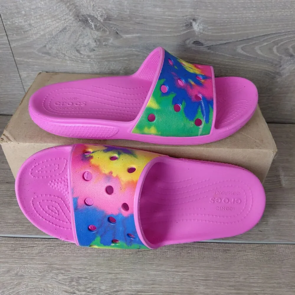 Crocs Classic Slides Sandals Pink Tie Dye W9 M7 Rainbow Beach Resort Vacation